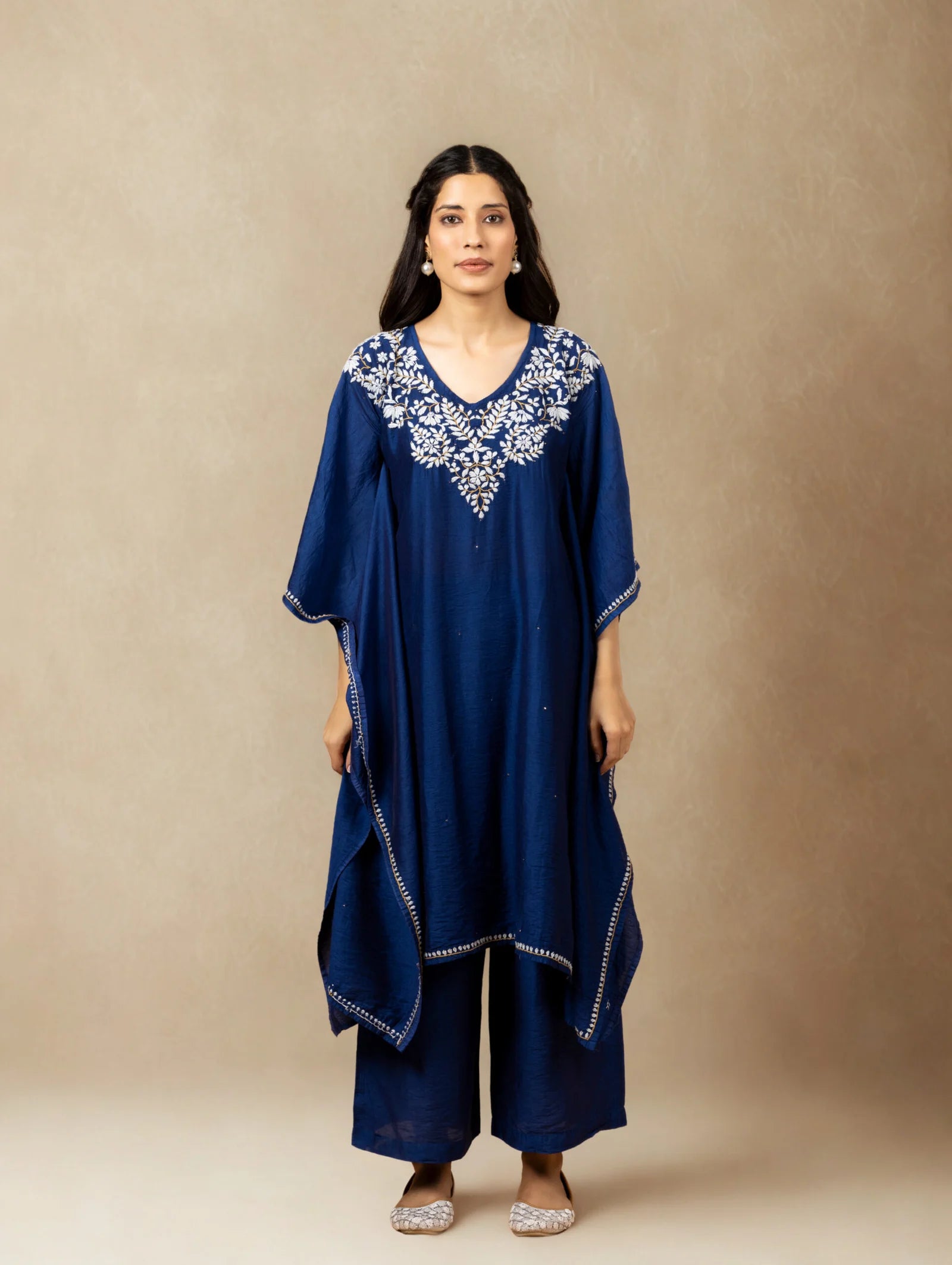 Premium Chanderi Silk Midnight Blue Chikankari Kaftan Set with Kamdani Work