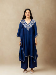 Premium Chanderi Silk Midnight Blue Chikankari Kaftan Set with Kamdani Work