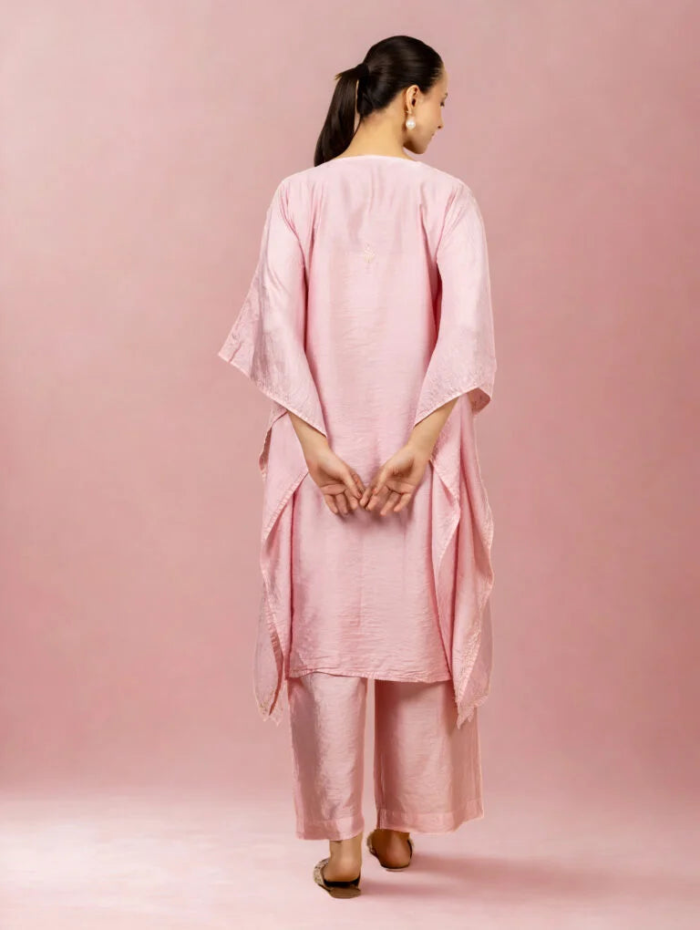 Premium Chanderi Silk Baby Pink Chikankari Kaftan Set