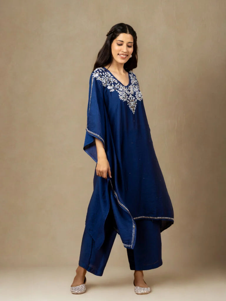 Premium Chanderi Silk Midnight Blue Chikankari Kaftan Set with Kamdani Work