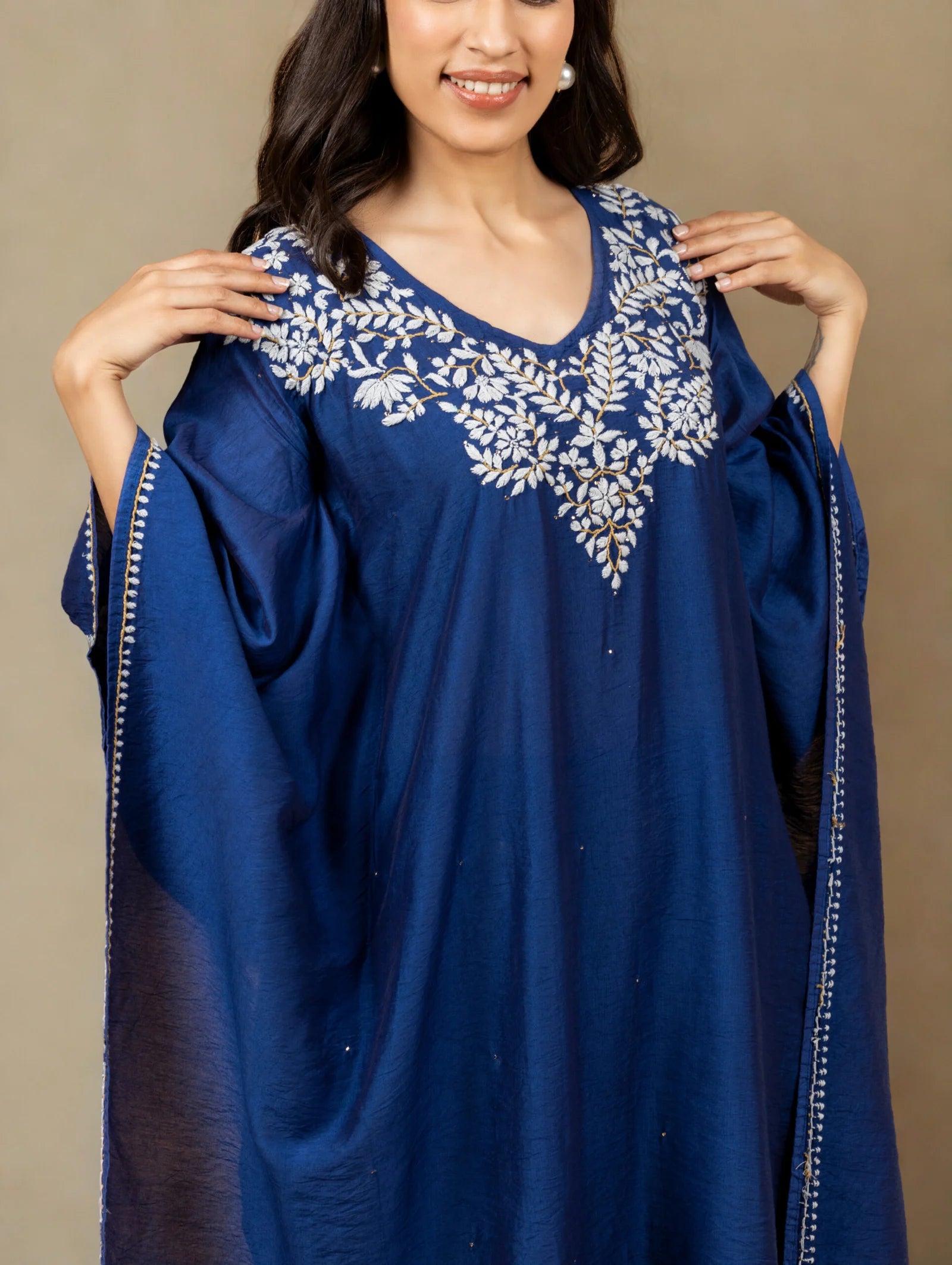 Premium Chanderi Silk Midnight Blue Chikankari Kaftan Set with Kamdani Work