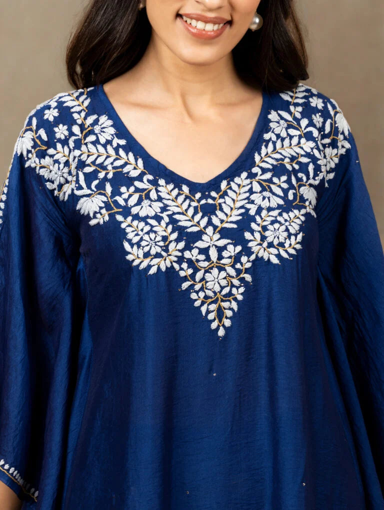 Premium Chanderi Silk Midnight Blue Chikankari Kaftan Set with Kamdani Work