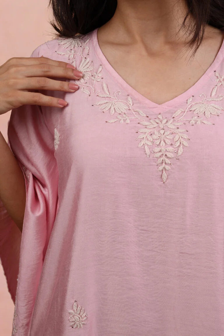Premium Chanderi Silk Baby Pink Chikankari Kaftan Set