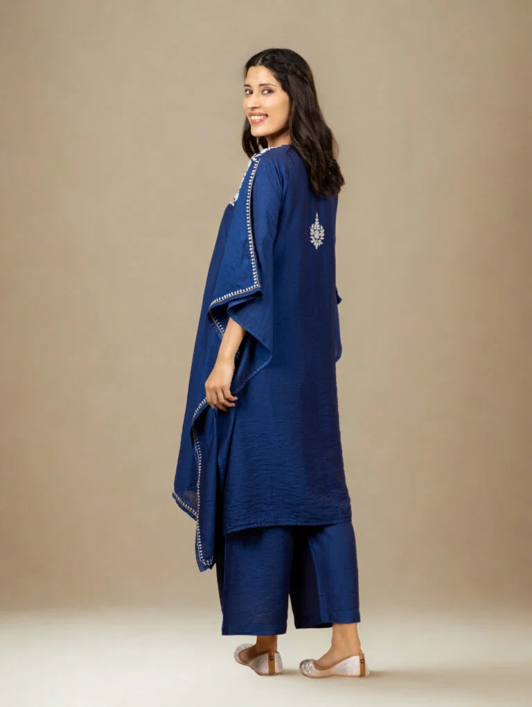 Premium Chanderi Silk Midnight Blue Chikankari Kaftan Set with Kamdani Work