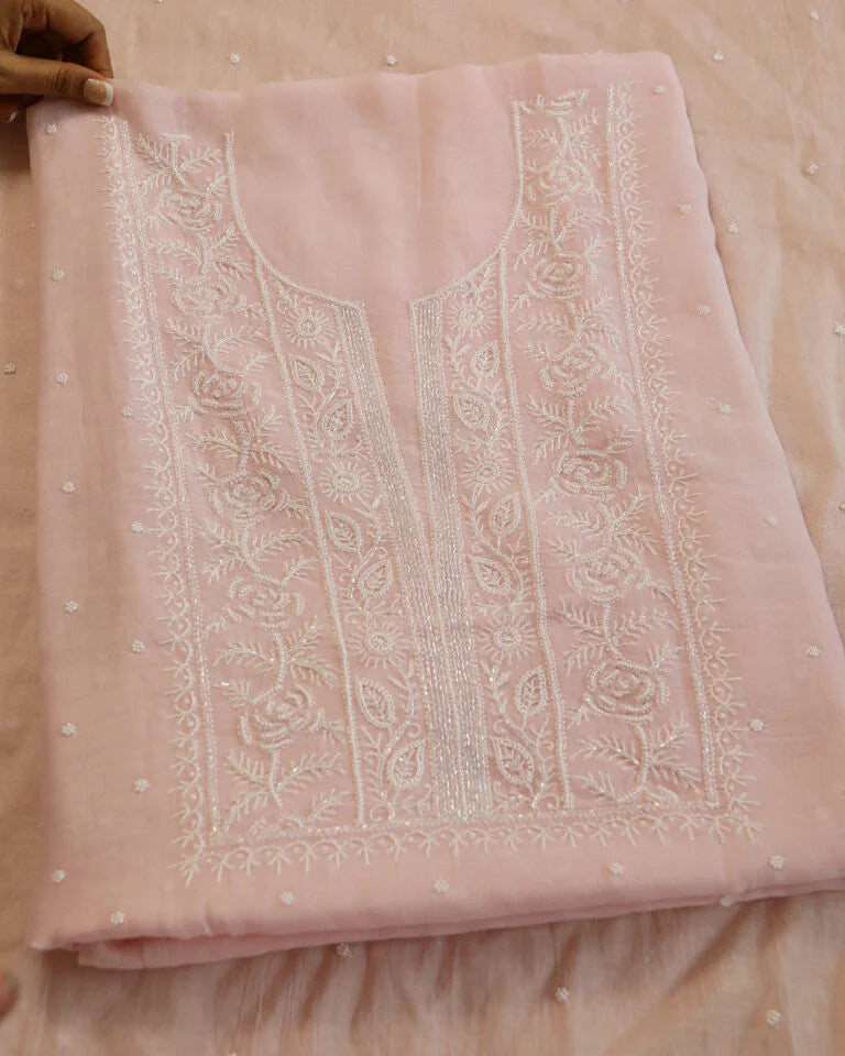 Premium Mulchanderi 3 PC Unstitched Kurta, Dupatta and Bottom Set in Pearl, Katdana Jaal work-Light Pink