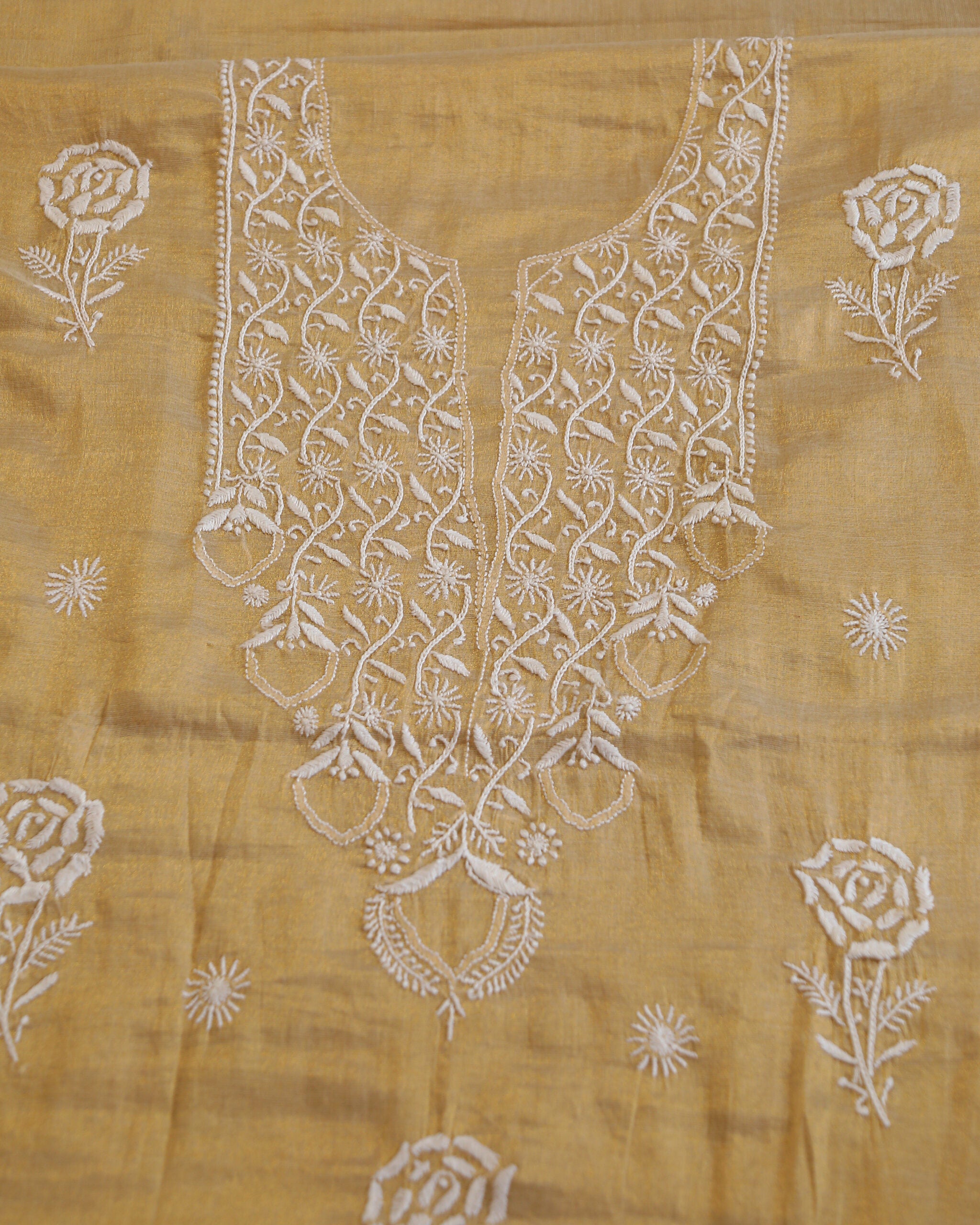 Pure Tissue Chanderi Chikankari Unstitched Kurta and Dupatta Set – Beige