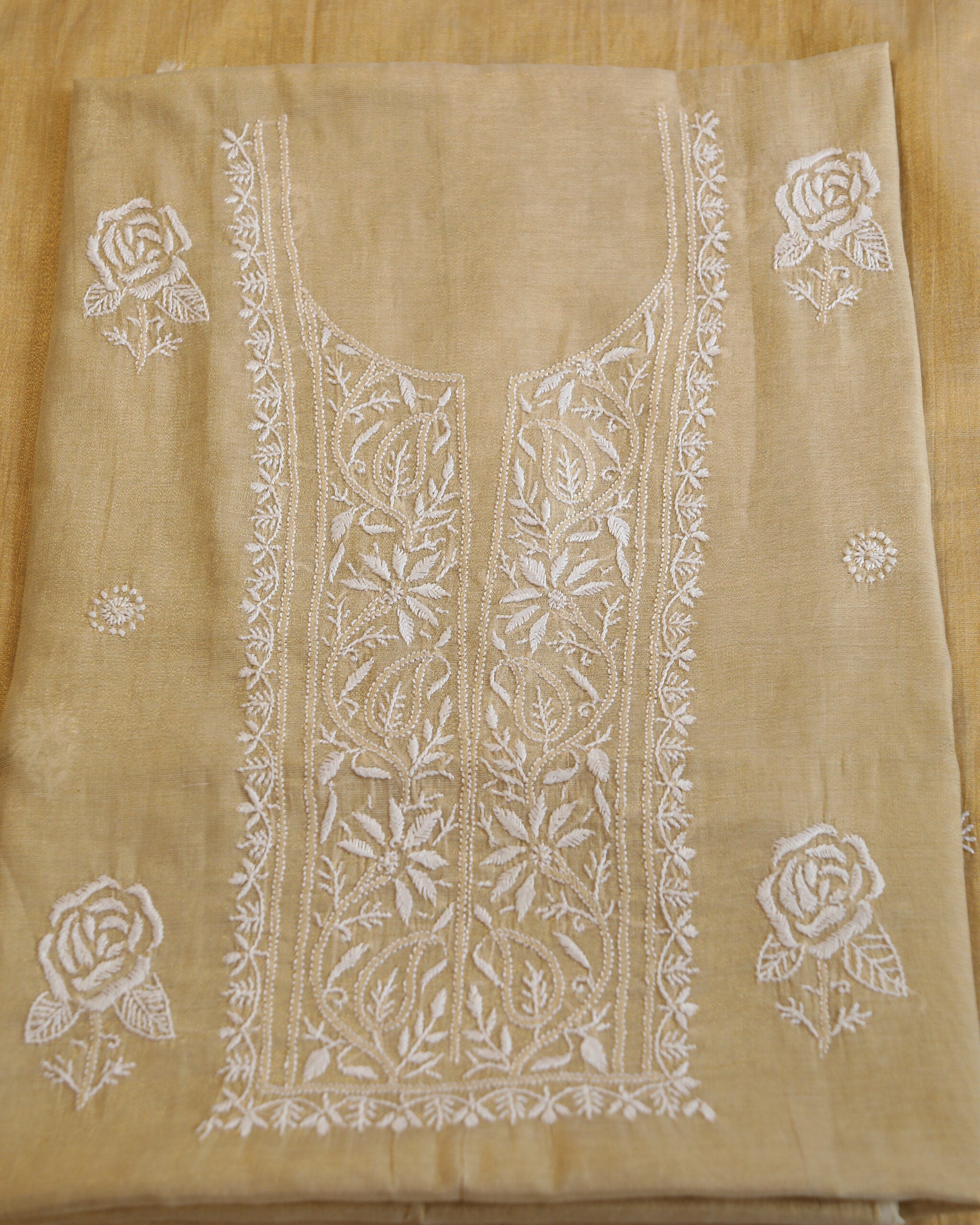 Pure Tissue Chanderi Chikankari Unstitched Kurta and Dupatta Set – Beige