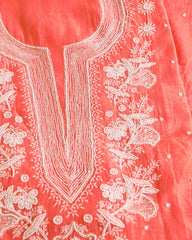 Premium Mulchanderi 3 PC Unstitched Kurta with Dupatta and Bottom Set in Pearl,Katdana Jaal work- Dark Peach