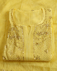 Premium Mulchanderi 3 PC Semi stitched Tunic, Dupatta & Bottom in Kamdani work-Yellow