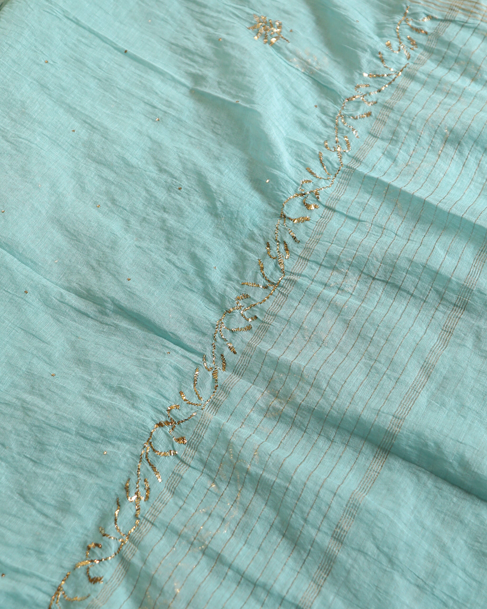 Premium Mulchanderi 3 PC Semi stitched Tunic, Dupatta & Bottom in Kamdani work-Sea Green