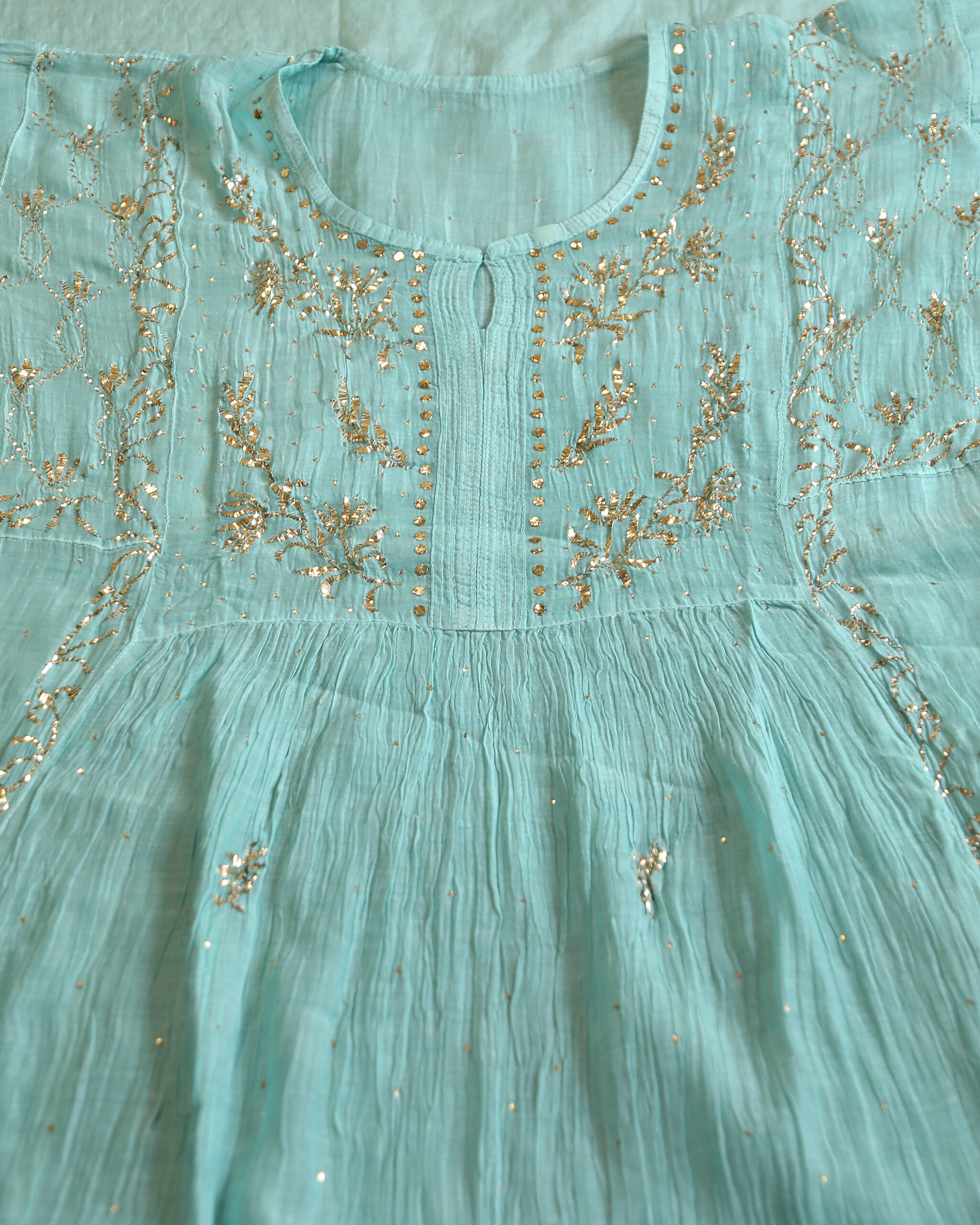 Premium Mulchanderi 3 PC Semi stitched Tunic, Dupatta & Bottom in Kamdani work-Sea Green