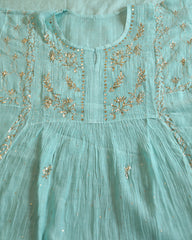 Premium Mulchanderi 3 PC Semi stitched Tunic, Dupatta & Bottom in Kamdani work-Sea Green