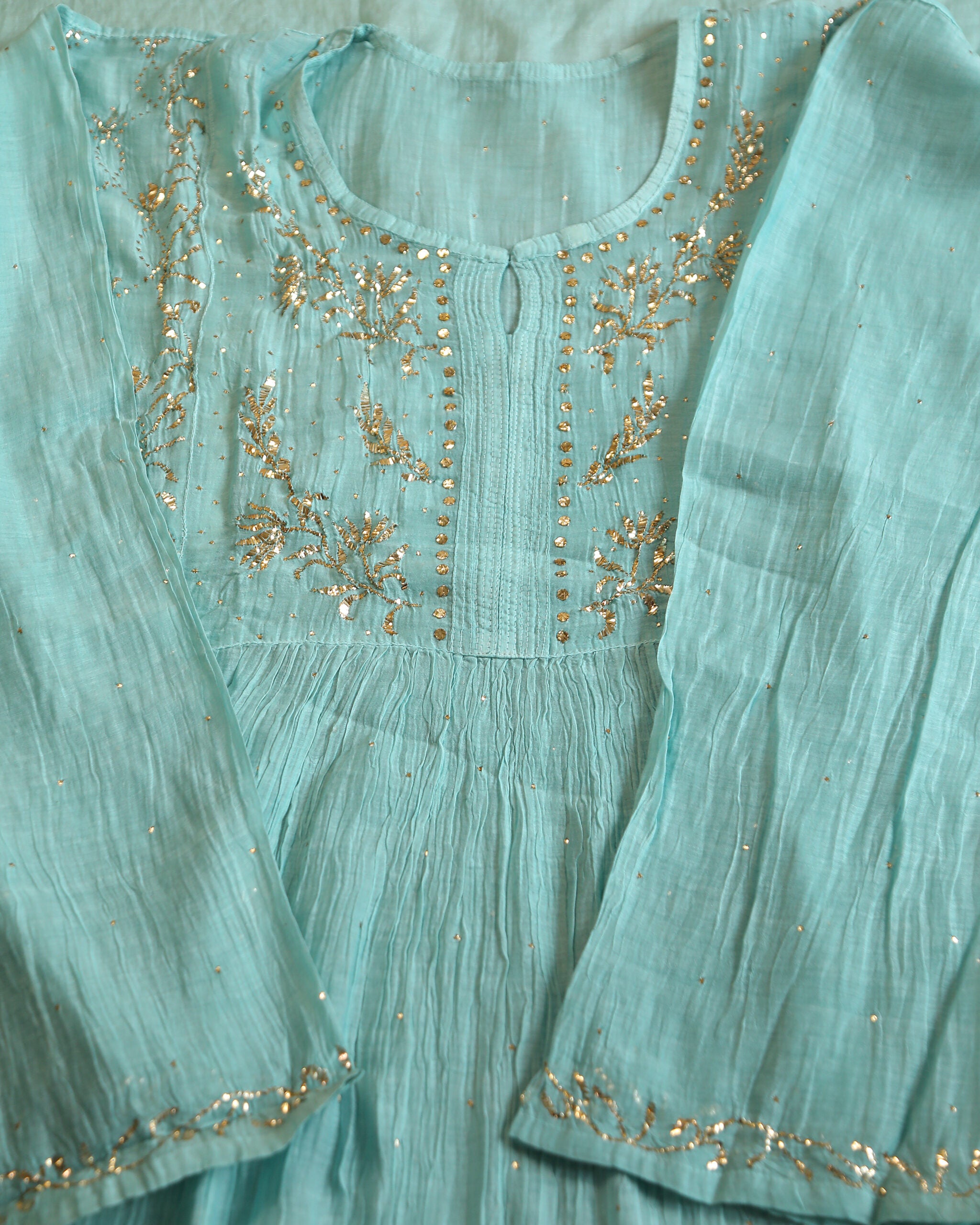 Premium Mulchanderi 3 PC Semi stitched Tunic, Dupatta & Bottom in Kamdani work-Sea Green