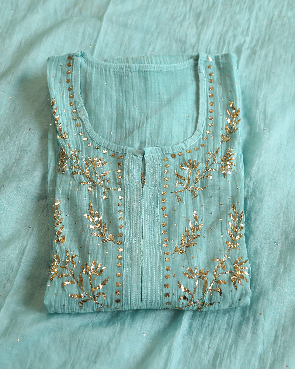 Premium Mulchanderi 3 PC Semi stitched Tunic, Dupatta & Bottom in Kamdani work-Sea Green