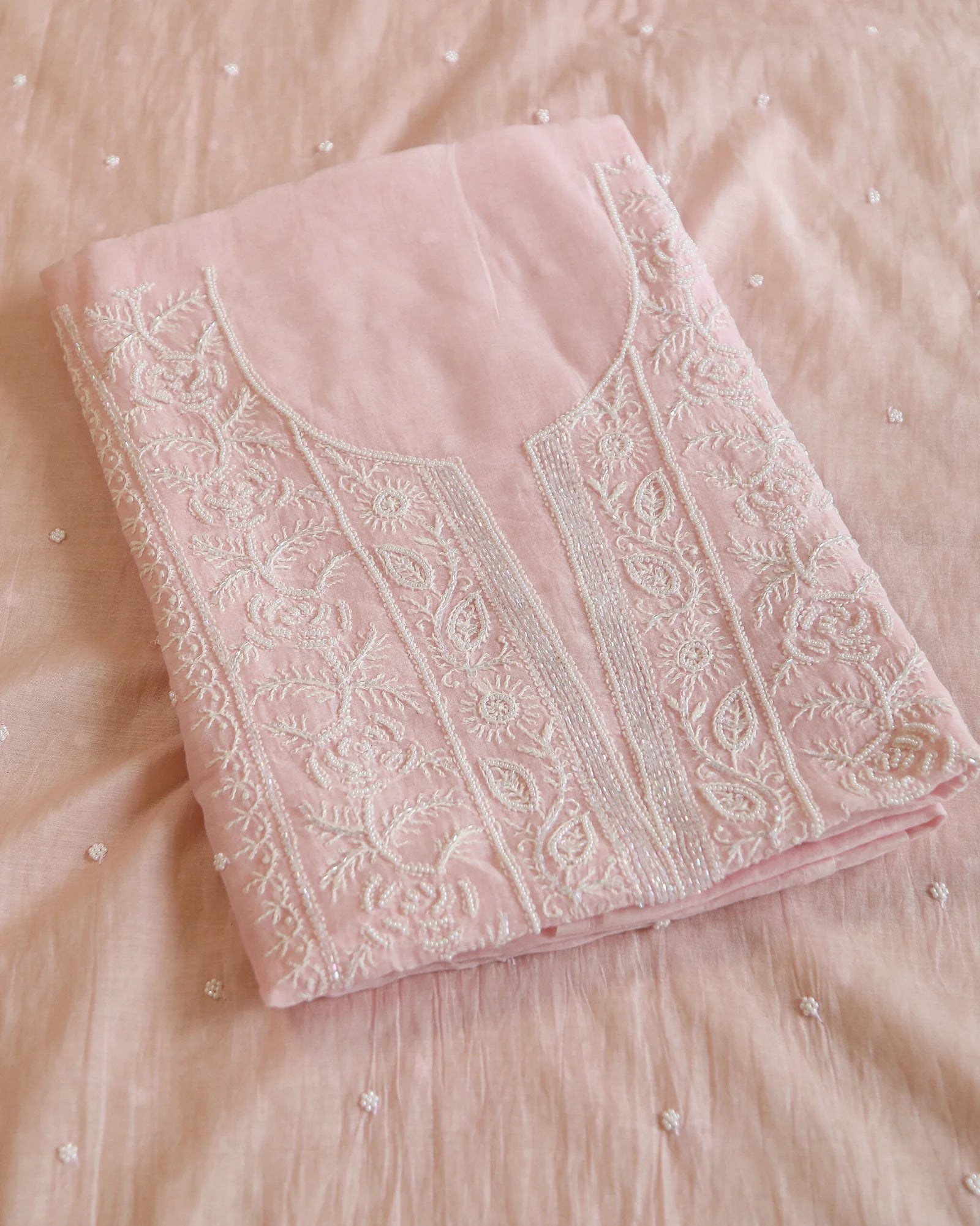 Premium Mulchanderi 3 PC Unstitched Kurta, Dupatta and Bottom Set in Pearl, Katdana Jaal work-Light Pink