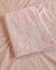 Premium Mulchanderi 3 PC Unstitched Kurta, Dupatta and Bottom Set in Pearl, Katdana Jaal work-Light Pink