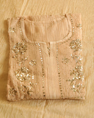 Premium Mulchanderi 3 PC Semi stitched Tunic, Dupatta & Bottom in Kamdani work-Light Beige