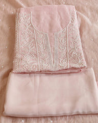 Premium Mulchanderi 3 PC Unstitched Kurta, Dupatta and Bottom Set in Pearl, Katdana Jaal work-Light Pink