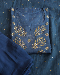 Premium Mulchanderi 3 PC Semi stitched Tunic, Dupatta & Bottom in Kamdani work-Cobalt Blue