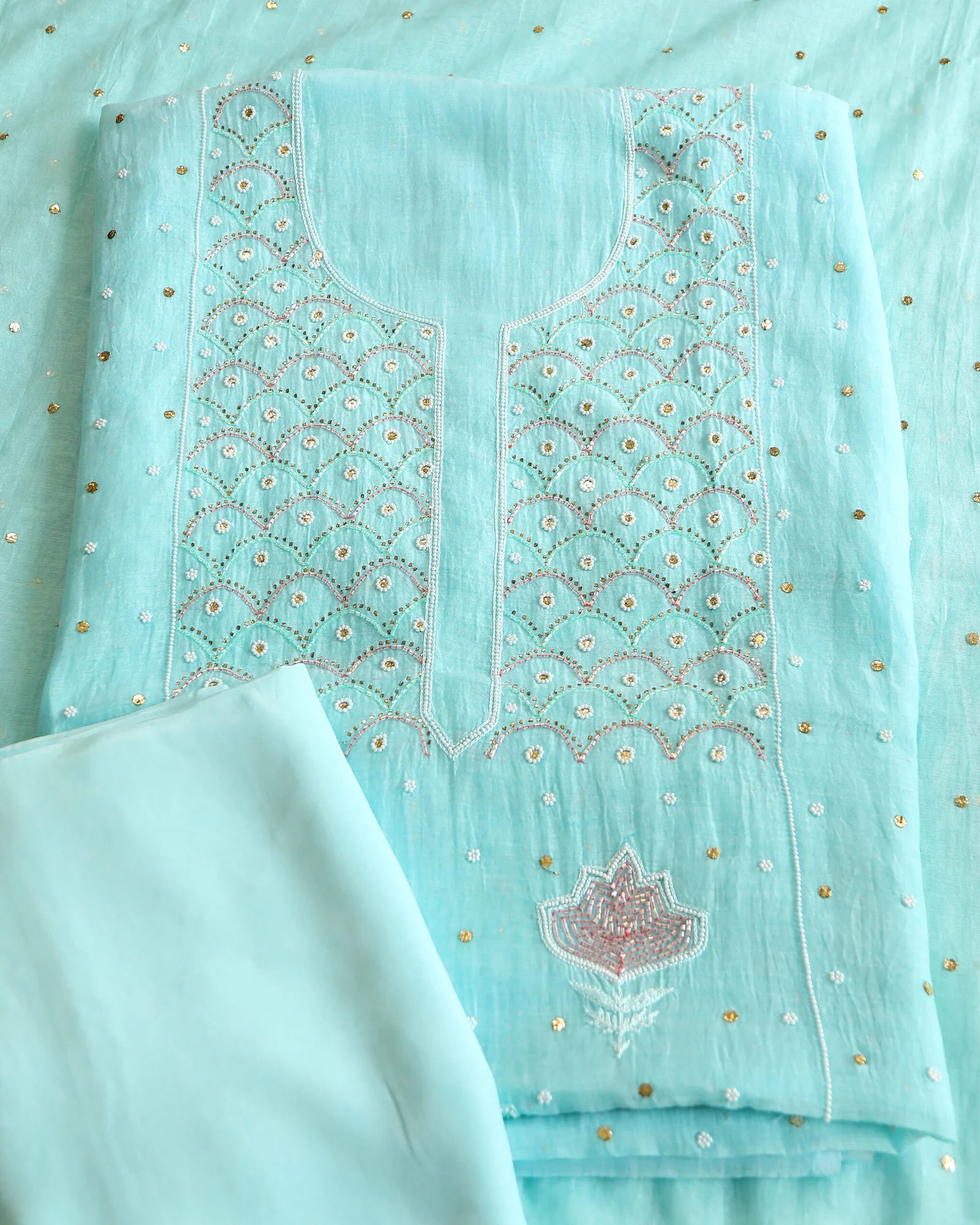Premium Mulchanderi 3 PC Unstitched Kurta, Dupatta & Bottom Set in Pearl, Katdana, Mukaish in Jaal – Turquoise