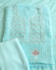 Premium Mulchanderi 3 PC Unstitched Kurta, Dupatta & Bottom Set in Pearl, Katdana, Mukaish in Jaal – Turquoise