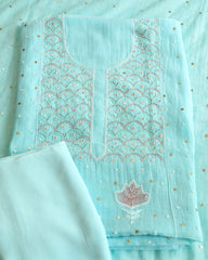 Premium Mulchanderi 3 PC Unstitched Kurta, Dupatta & Bottom Set in Pearl, Katdana, Mukaish in Jaal – Turquoise
