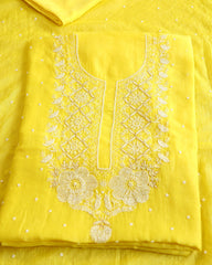 Premium Mulchanderi 3 PC Unstitched Kurta and Dupatta and Bottom Set in Pearl Katdana and Mukaish work-Yellow