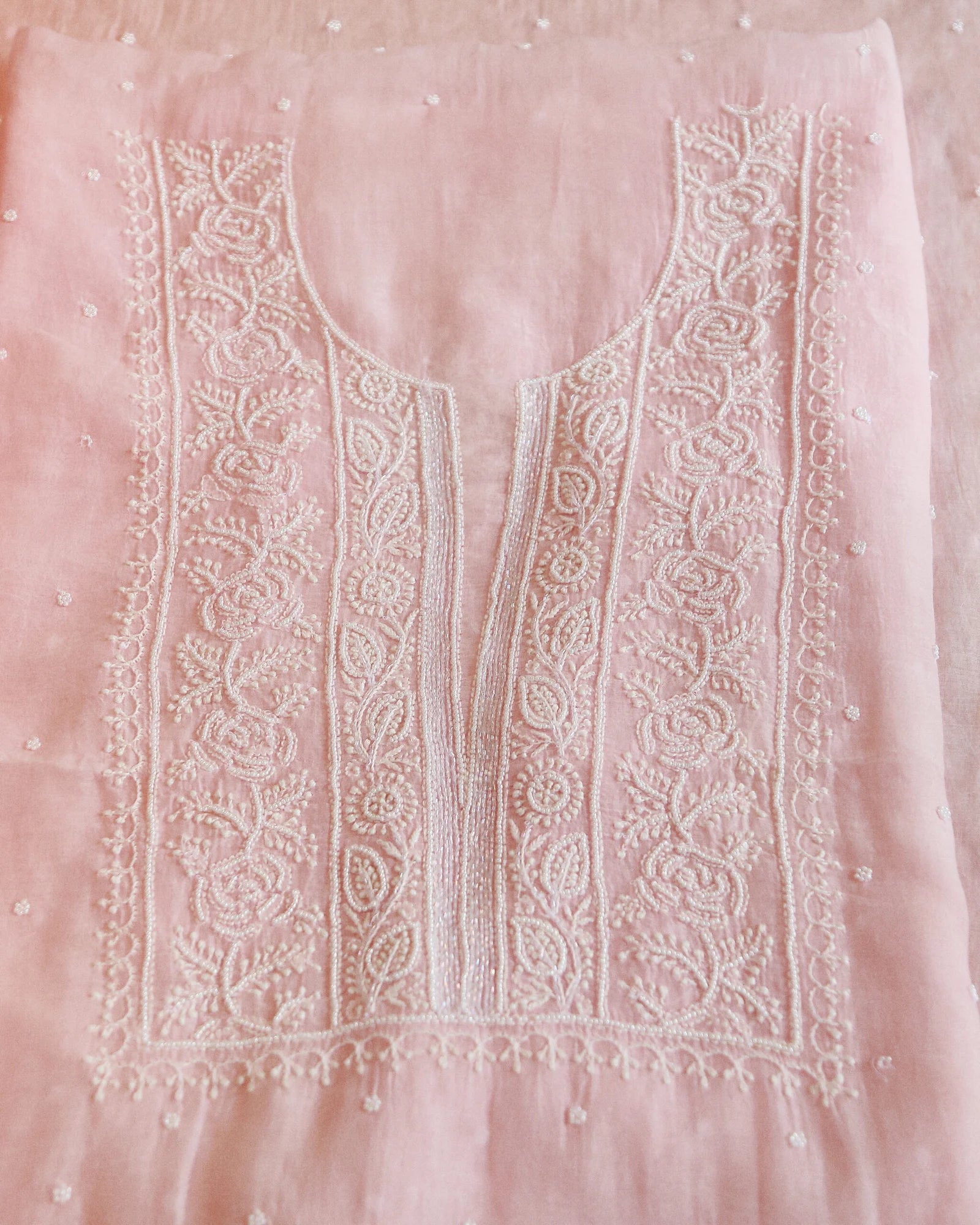 Premium Mulchanderi 3 PC Unstitched Kurta, Dupatta and Bottom Set in Pearl, Katdana Jaal work-Light Pink