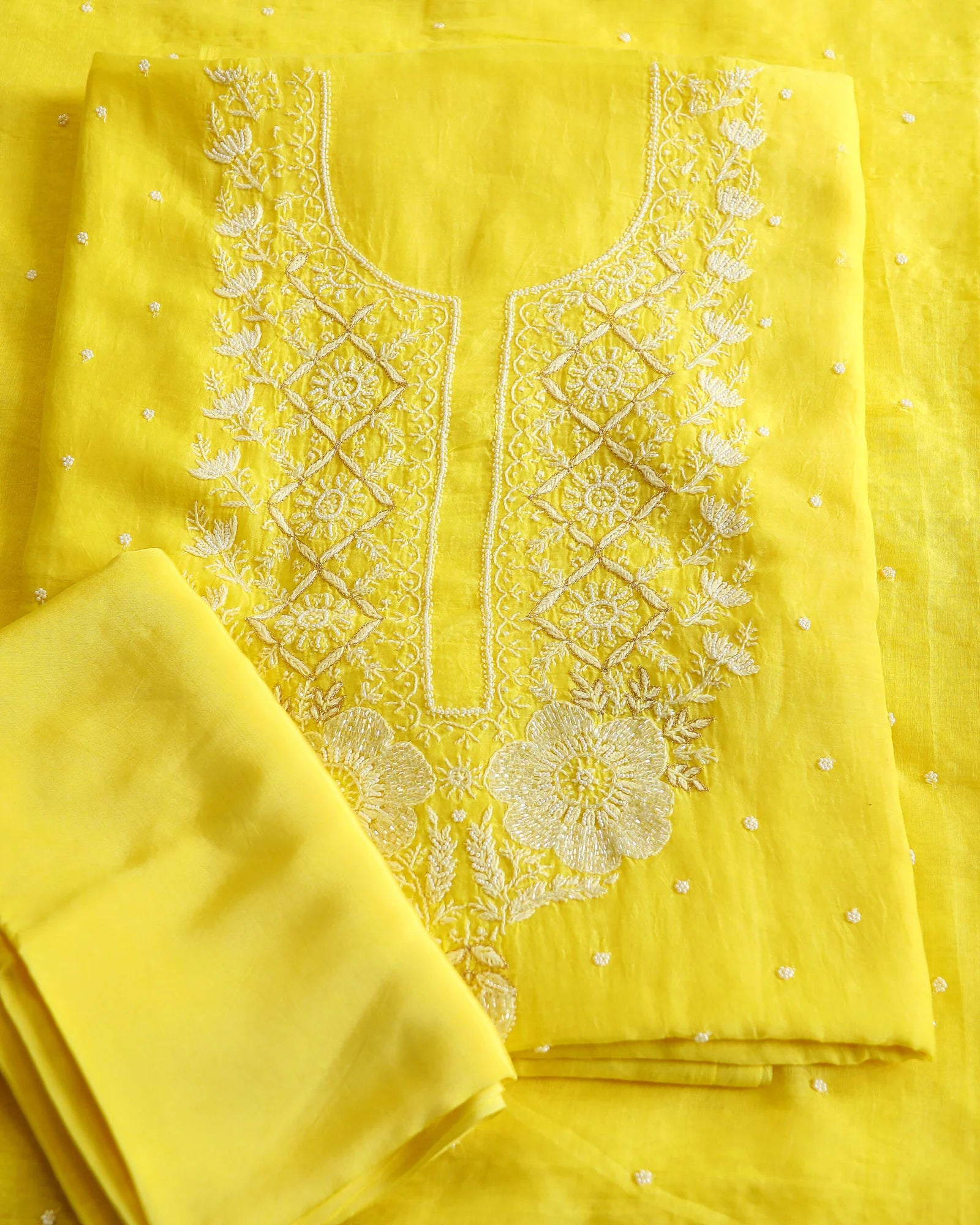 Premium Mulchanderi 3 PC Unstitched Kurta and Dupatta and Bottom Set in Pearl Katdana and Mukaish work-Yellow