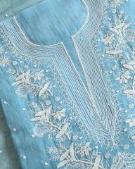 Premium Mulchanderi 3 PC Unstitched Kurta, Dupatta and Bottom Set in Pearl, Katdana Jaal work-Powder Blue