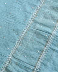 Premium Mulchanderi 3 PC Unstitched Kurta, Dupatta and Bottom Set in Pearl, Katdana Jaal work-Powder Blue