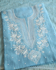 Premium Mulchanderi 3 PC Unstitched Kurta, Dupatta and Bottom Set in Pearl, Katdana Jaal work-Powder Blue