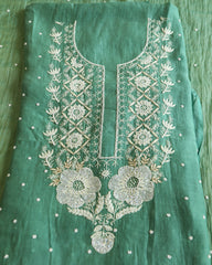 Premium Mulchanderi 3 PC Unstitched Kurta and Dupatta and Bottom Set in Pearl Katdana and Mukaish work-Sage Green