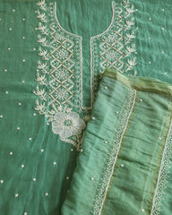 Premium Mulchanderi 3 PC Unstitched Kurta and Dupatta and Bottom Set in Pearl Katdana and Mukaish work-Sage Green