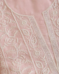 Premium Mulchanderi 3 PC Unstitched Kurta, Dupatta and Bottom Set in Pearl, Katdana Jaal work-Light Pink