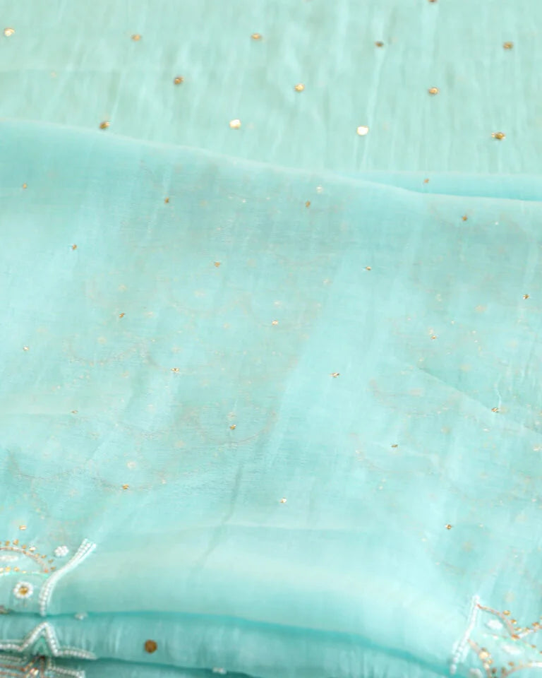 Premium Mulchanderi 3 PC Unstitched Kurta, Dupatta & Bottom Set in Pearl, Katdana, Mukaish in Jaal – Turquoise