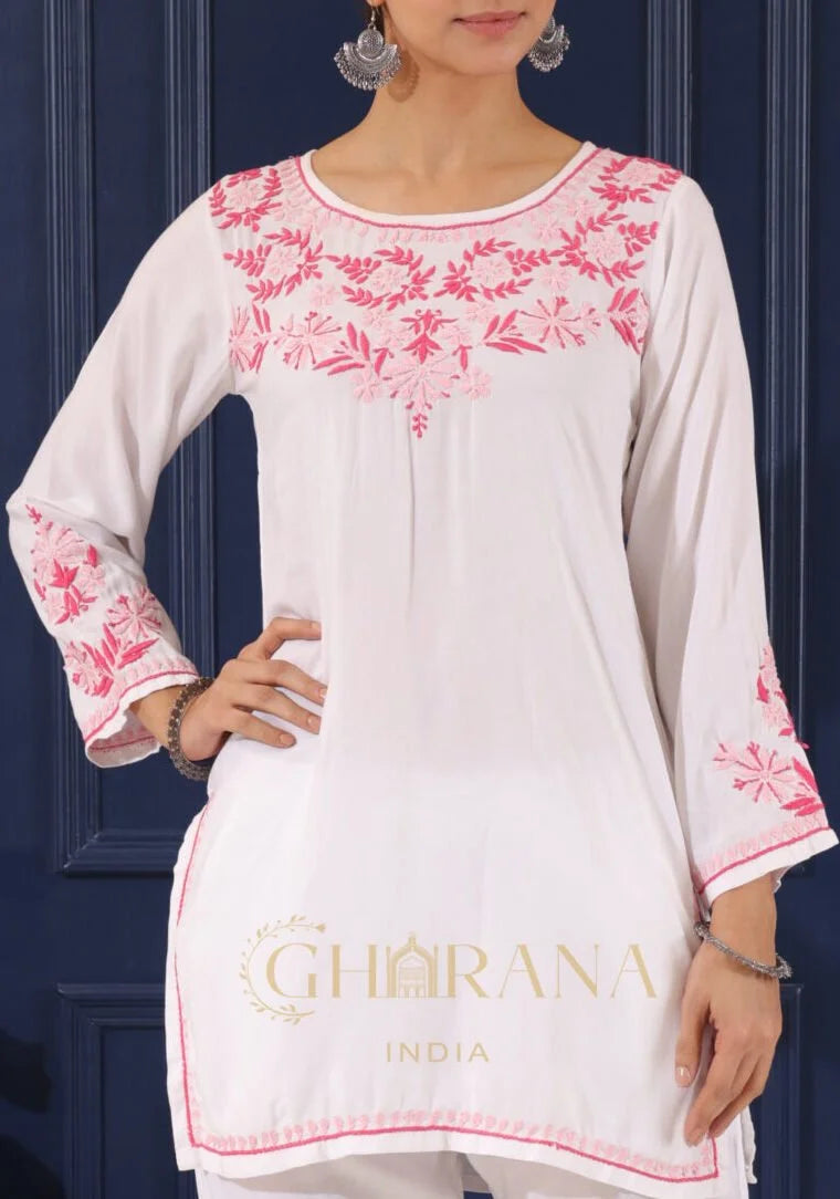 Heer Half Modal White Short Chikankari Kurta